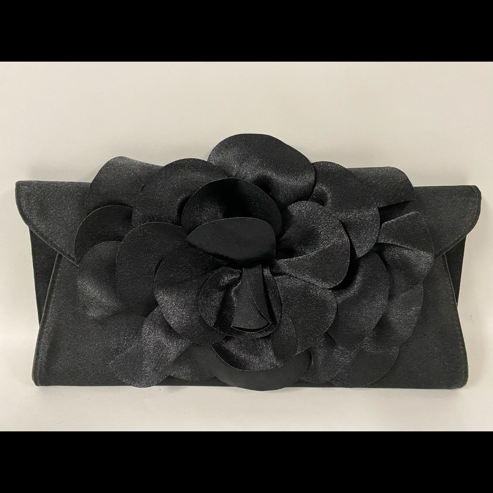 Black satin ruffled envelope clutch